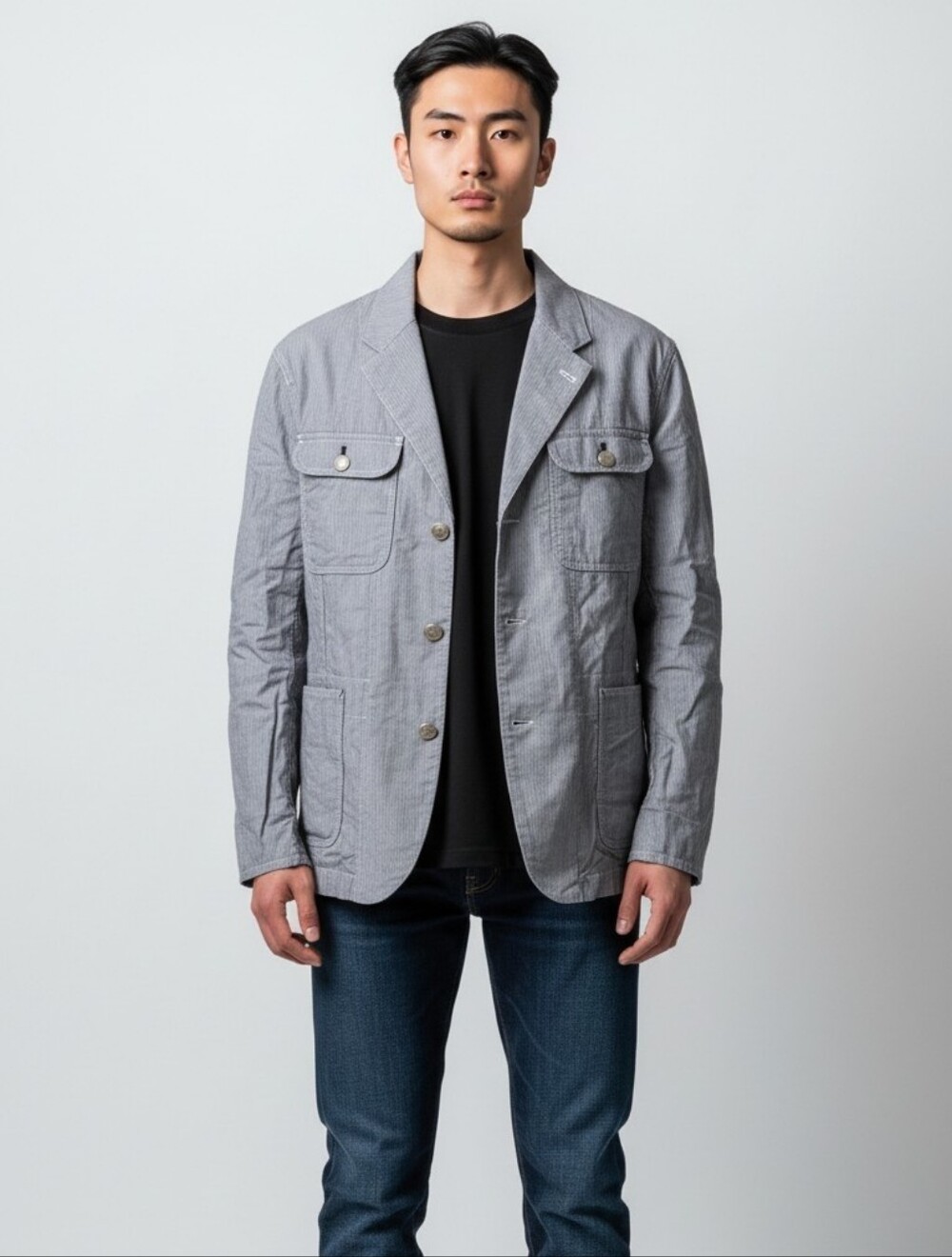Gas Jeans D-Type Gray Pinstripe Pocket Single Breasted Workwear Men's Jacket 54